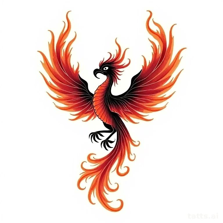 Tattoo design: Japanese phoenix rising with flames tattoo design, traditional irezumi style, bo