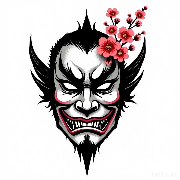 Tattoo design: Japanese hannya mask with cherry blossoms tattoo design, bold black outline, tra