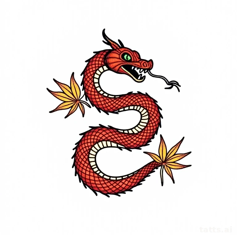 Tattoo design: Japanese snake coiled with maple leaves tattoo design, traditional irezumi linew