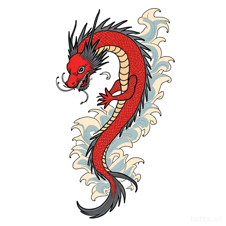 Tattoo design: Japanese irezumi dragon and koi combined tattoo design, flowing wind bars and wa