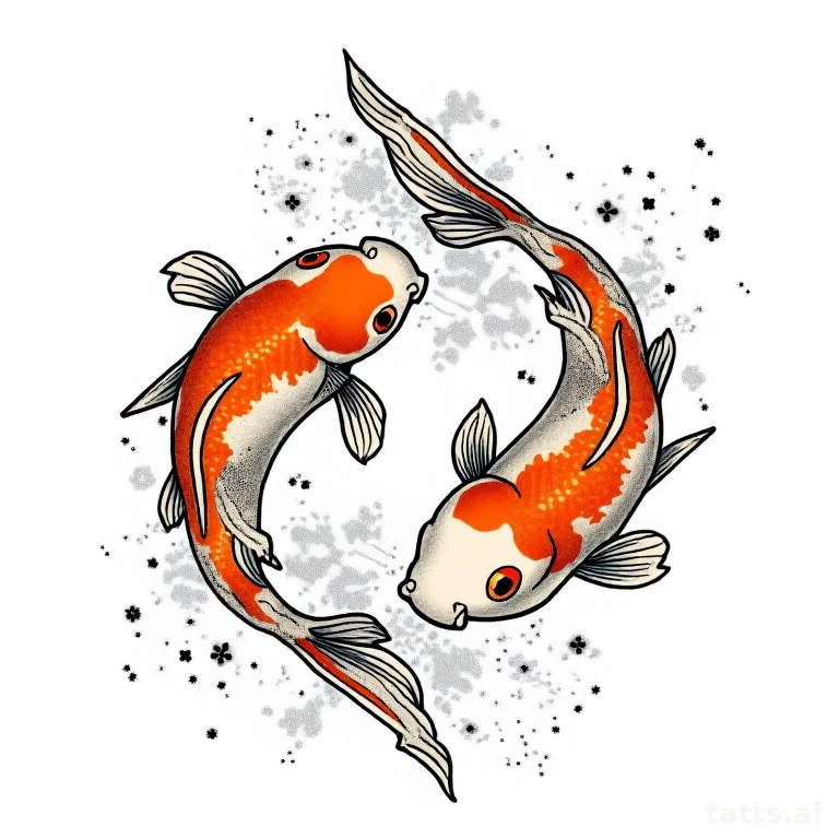 Tattoo design: Orange and white koi fish swimming upstream against a waterfall, traditional Jap