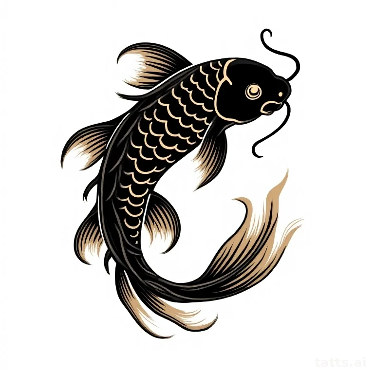 Tattoo design: Black koi fish transforming into a dragon with scales shifting near the tail, bo