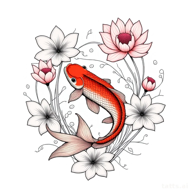 Tattoo design: Koi fish swimming through lotus flowers and lily pads, illustrative Japanese lin