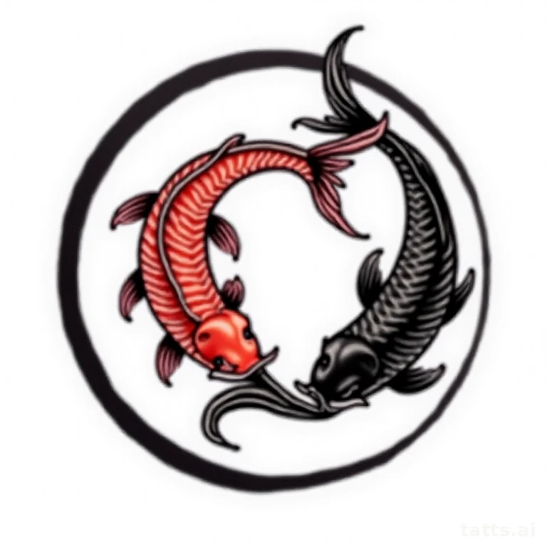 Tattoo design: Two koi fish forming a yin-yang circle, traditional Japanese wave background, cl