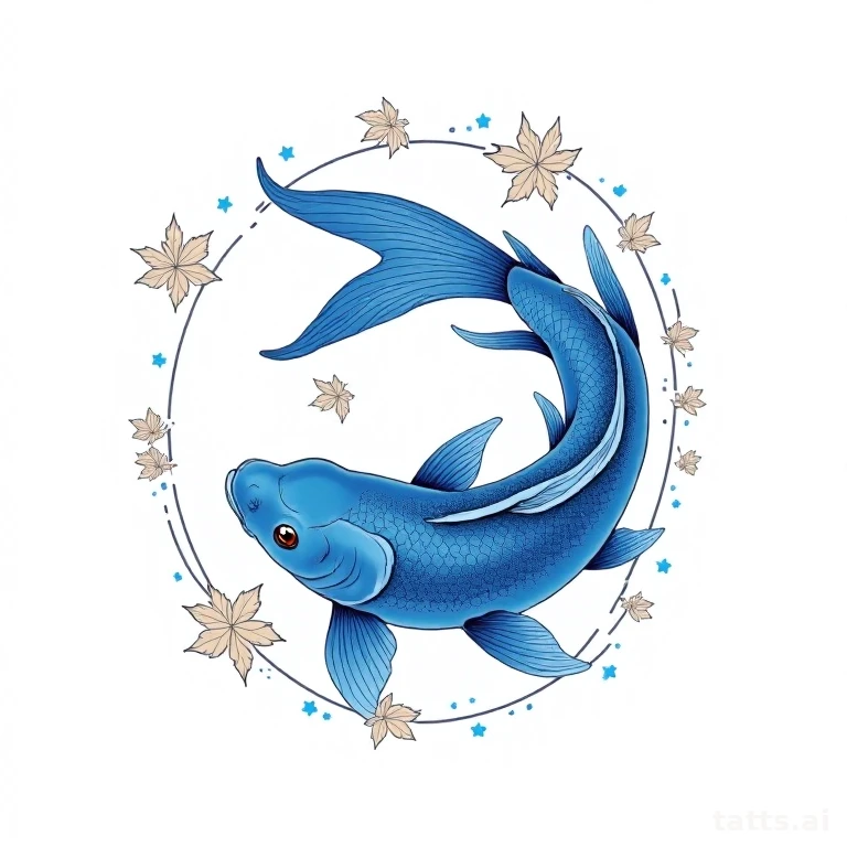 Tattoo design: Blue koi fish swimming downstream with maple leaves falling, illustrative Japane