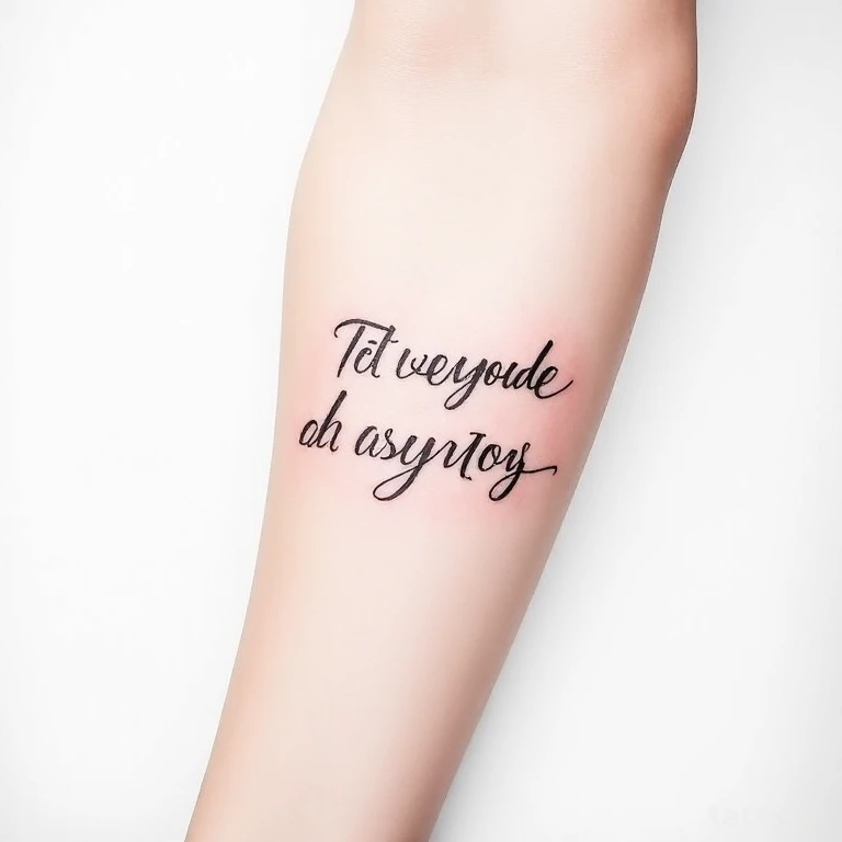 Tattoo design: forearm quote lettering tattoo design, stacked two-line phrase, clean serif font