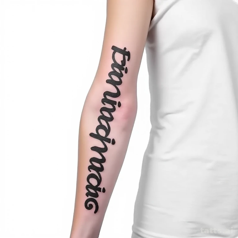 Tattoo design: vertical name lettering tattoo design, wrist to elbow composition, bold script s