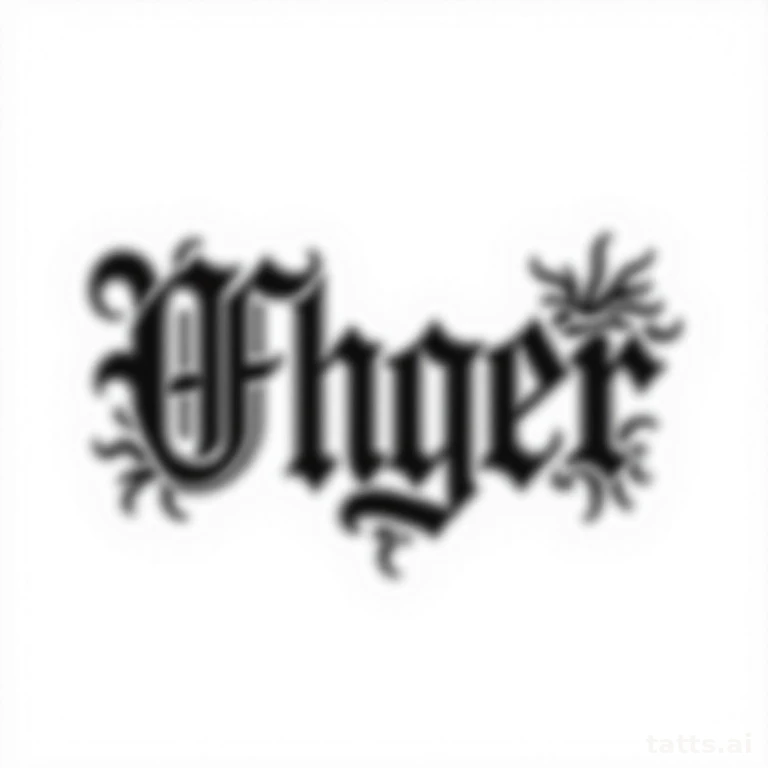 Tattoo design: gothic blackletter name tattoo design, ornate thick letterforms, solid black ink