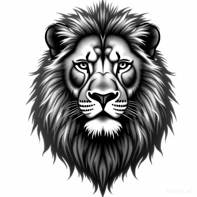 Tattoo design: realistic lion face chest tattoo design, symmetrical mane spanning sternum, dram