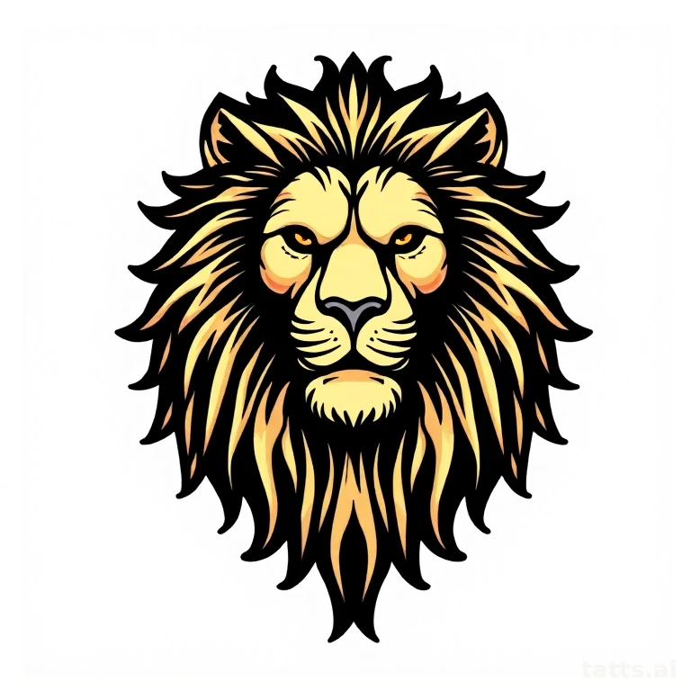 Tattoo design: traditional lion chest tattoo design, bold outline, flat gold and black color, c