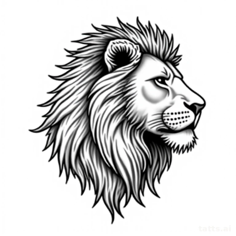 Tattoo design: lion head single pec tattoo design, side placement composition, detailed fur sha