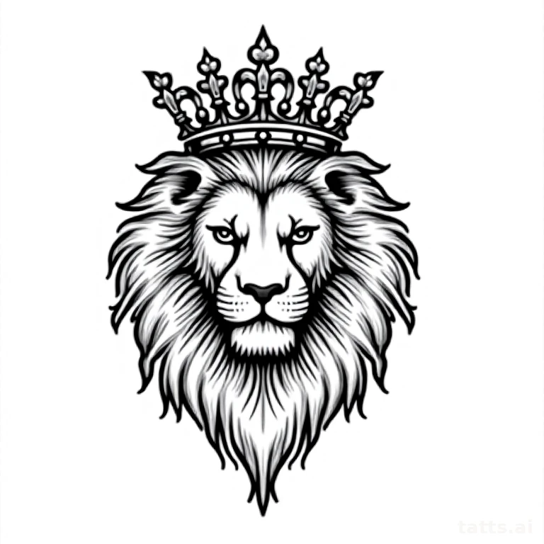 Tattoo design: lion and crown chest tattoo design, regal symmetrical layout, bold linework, iso