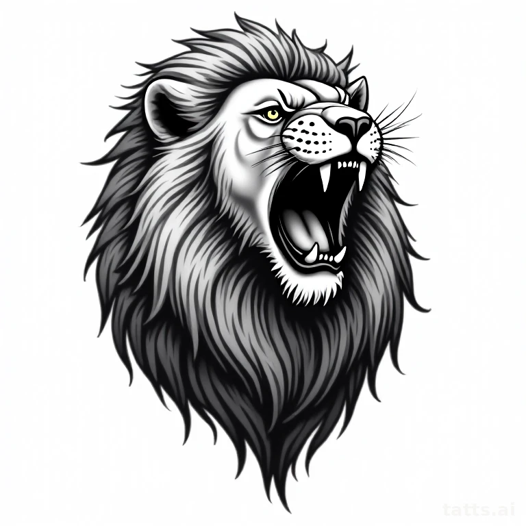 Tattoo design: roaring lion chest tattoo design, open mouth dramatic pose, full mane spread acr