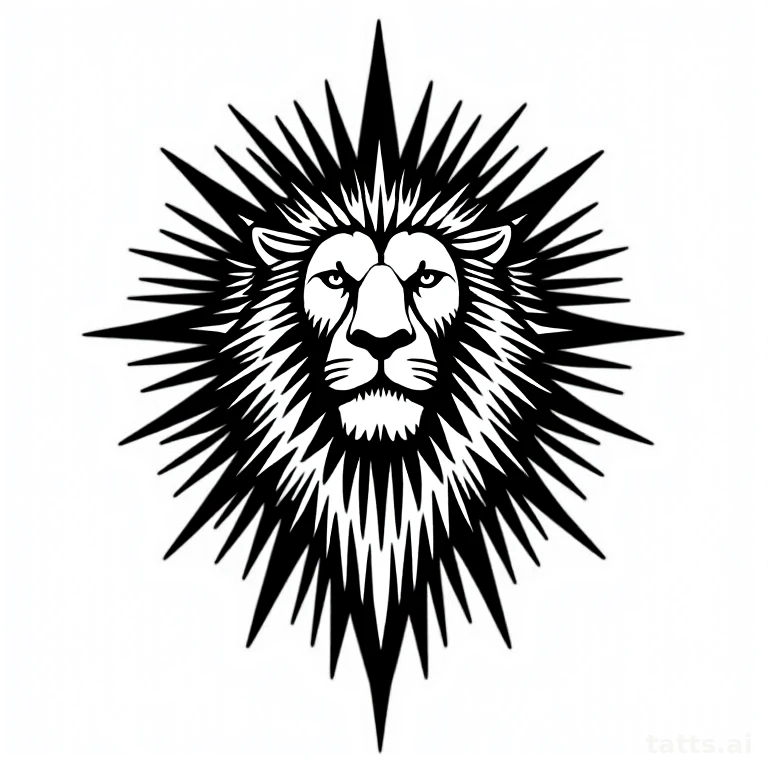Tattoo design: lion chest piece tattoo design with sunburst rays, radiating mane pattern, bold 
