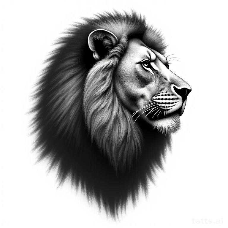 Tattoo design: black and gray lion chest tattoo design, three-quarter face angle, deep shadow d