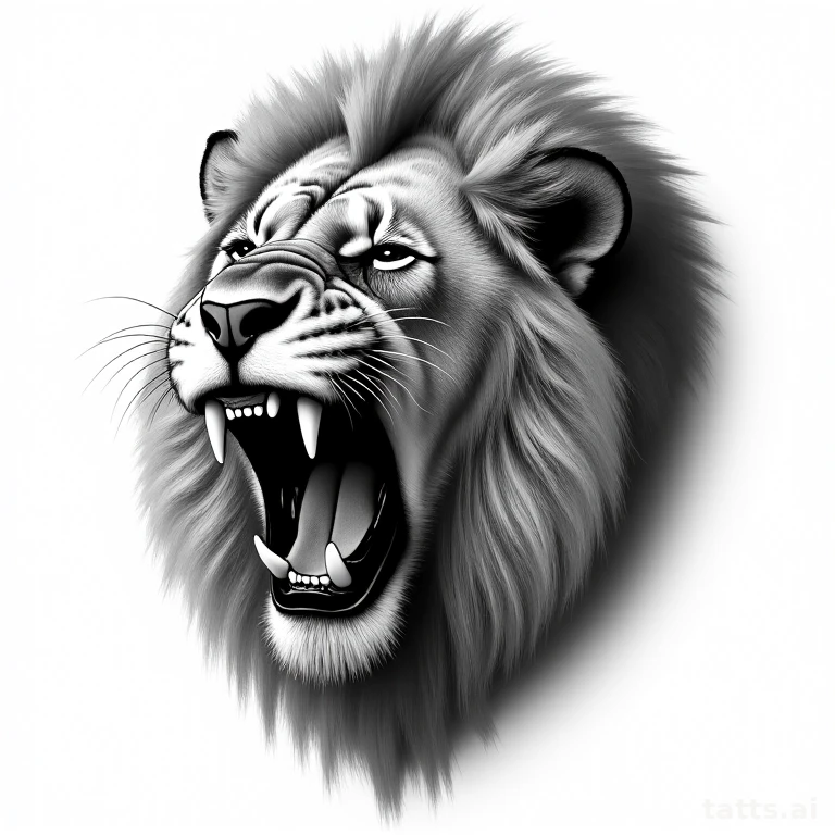 Tattoo design: Realistic lion face mid-roar with full detailed mane, black and grey photorealis