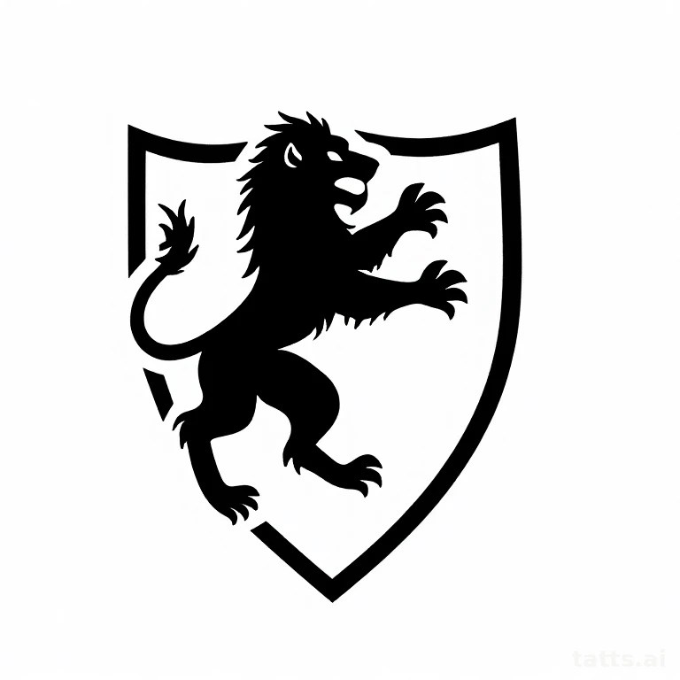 Tattoo design: Heraldic rampant lion crest, bold blackwork linework, clean solid black treatmen