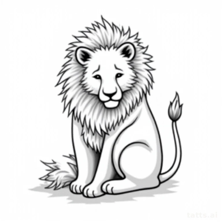 Tattoo design: Lioness with two cubs curled together, illustrative fine-line style, clean grays