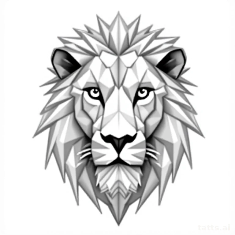 Tattoo design: Geometric lion head built from angular faceted polygons, clean black linework tr