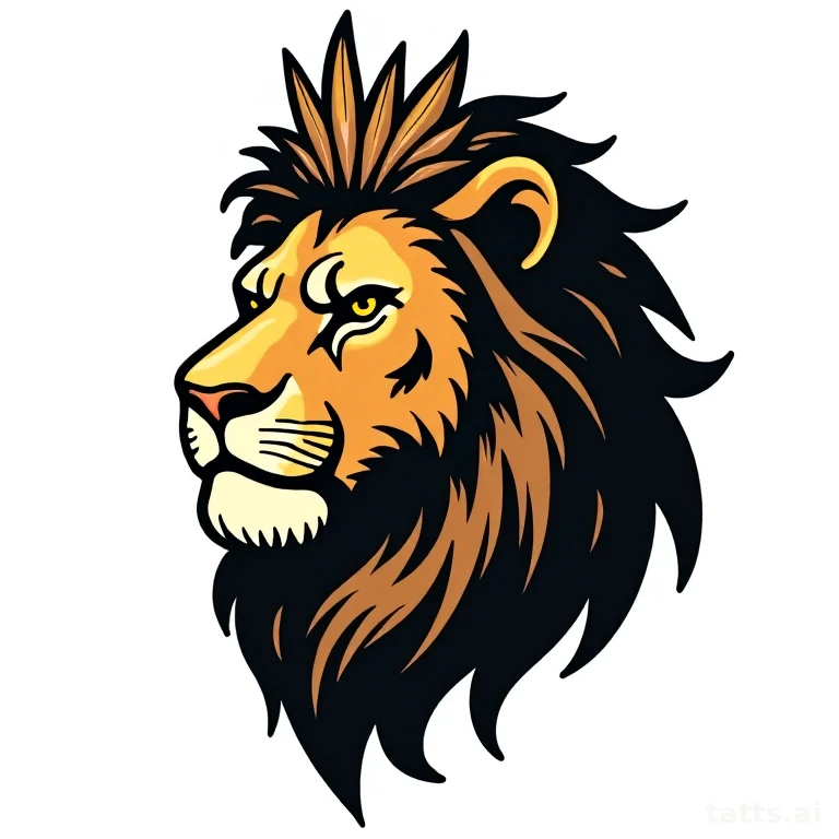 Tattoo design: Neo-traditional lion head with bold contour mane and crown, clean gold and black