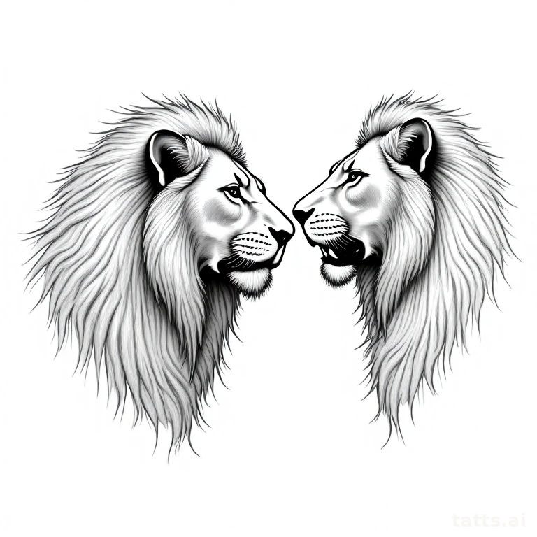 Tattoo design: Lion and lioness facing each other in mirrored composition, fine-line illustrati