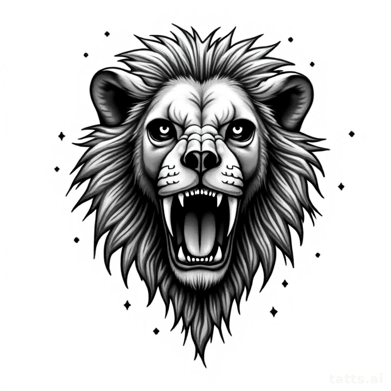 Tattoo design: Lion skull with cracked jaw and mane remnants, dark blackwork illustrative style