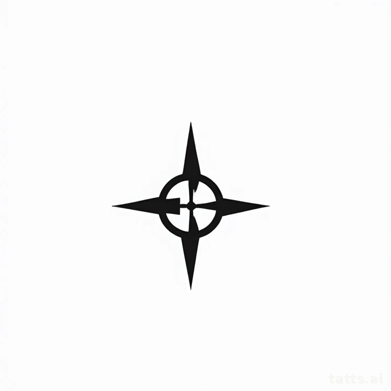 Tattoo design: minimalist compass with circle frame tattoo design, clean line style, bold black