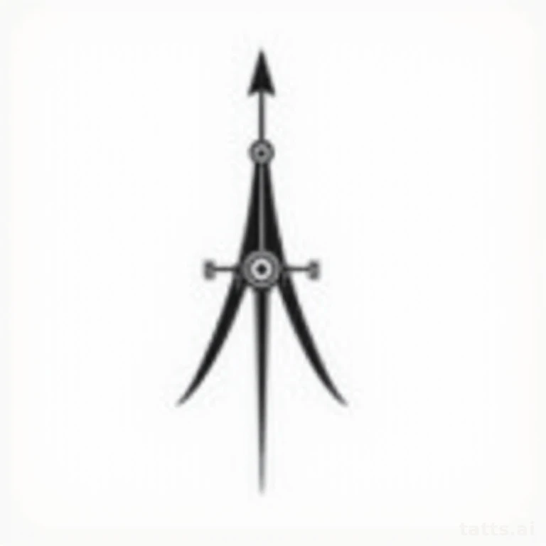 Tattoo design: compass with single arrow needle tattoo design, minimalist blackwork style, bold