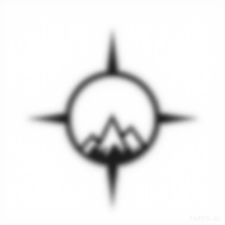 Tattoo design: compass with tiny mountain silhouette center tattoo design, minimalist geometric