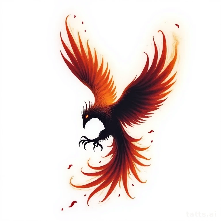 Tattoo design: neo-traditional phoenix rising from ashes tattoo design, dynamic upward motion, 