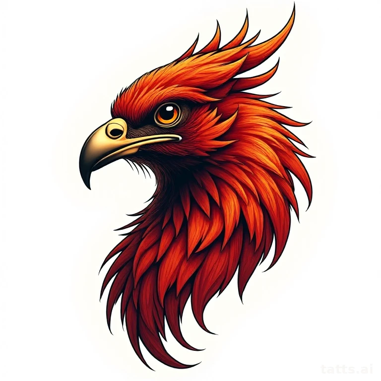 Tattoo design: neo-traditional phoenix head close-up tattoo design, detailed feather layering, 