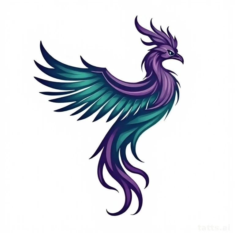 Tattoo design: neo-traditional teal and purple phoenix tattoo design, cool color palette, bold 