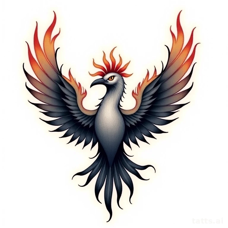 Tattoo design: neo-traditional phoenix and flames tattoo design, circular composition, layered 
