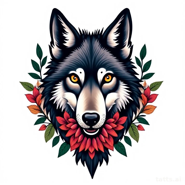 Tattoo design: neo-traditional wolf head with floral wreath tattoo design, bold outline, rich j