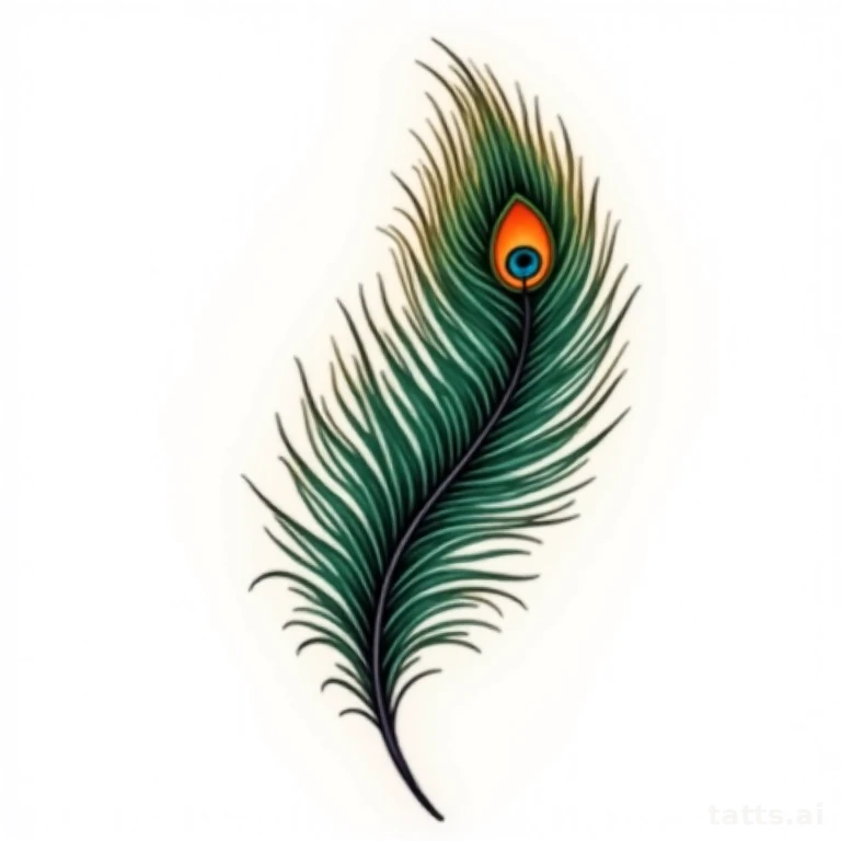 Tattoo design: neo-traditional peacock feather tattoo design, bold black keyline, deep emerald