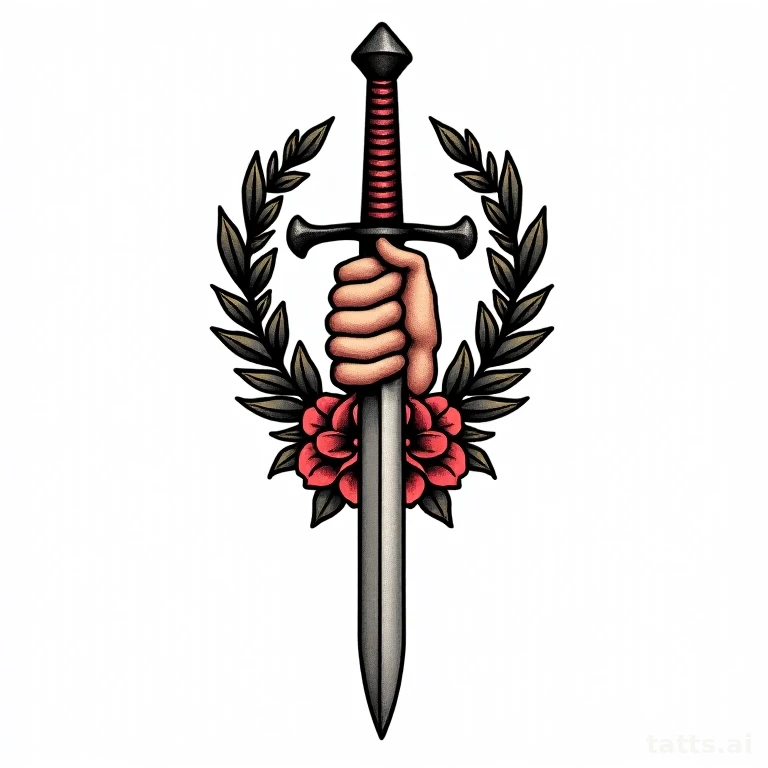 Tattoo design: neo-traditional hand holding a dagger tattoo design, ornate floral framing, bold