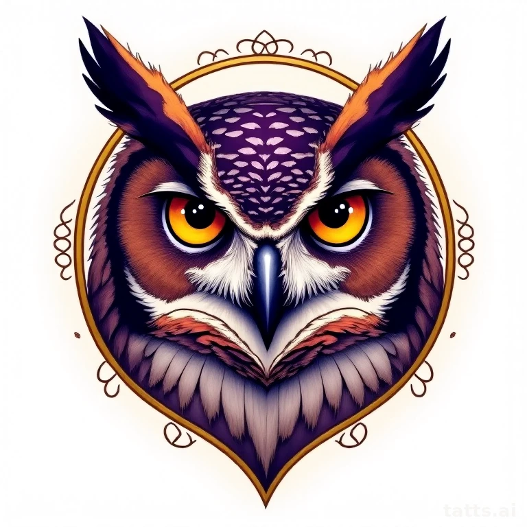Tattoo design: neo-traditional owl portrait tattoo design, art-nouveau ornamental border, bold