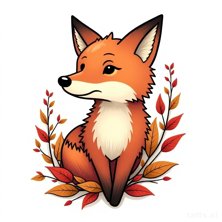 Tattoo design: neo-traditional fox with autumn leaves tattoo design, bold outline, warm gradien