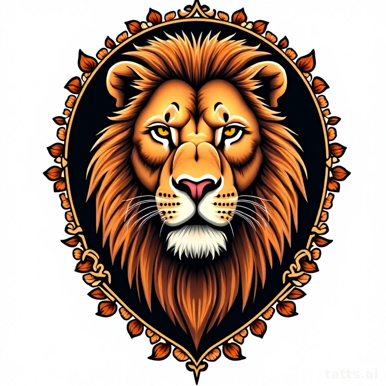 Tattoo design: neo-traditional lioness portrait tattoo design, decorative floral frame, bold ou