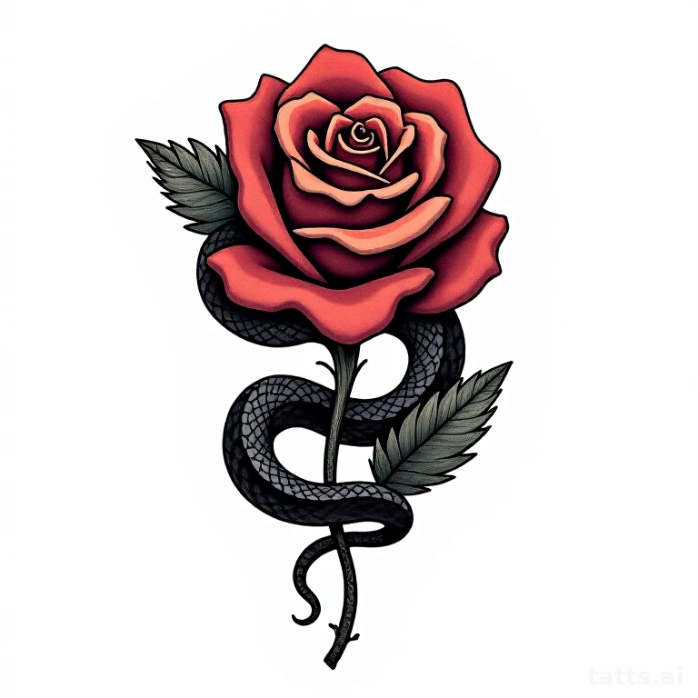 Tattoo design: neo-traditional snake wrapped around rose tattoo design, bold keyline, deep jewe