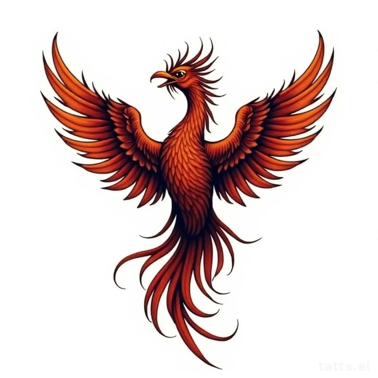 Tattoo design: neo-traditional phoenix back tattoo design, bold outline, rich color depth, cent