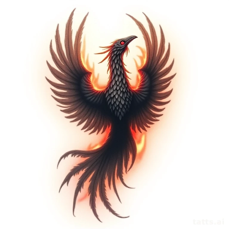 Tattoo design: realistic phoenix back tattoo design, detailed feather texture, dramatic flame b