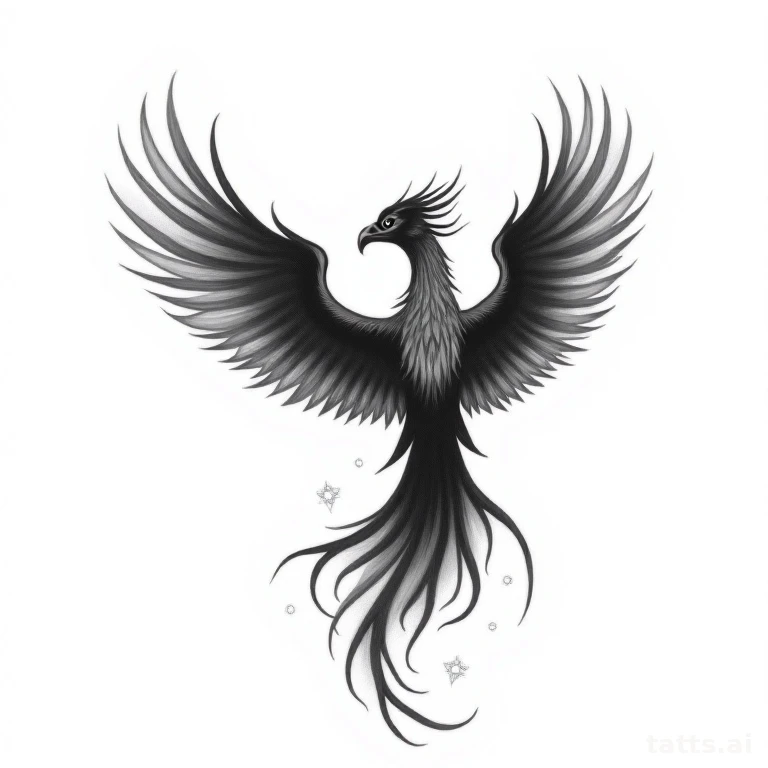 Tattoo design: phoenix rising back tattoo design, dynamic upward motion, spine-avoiding composi