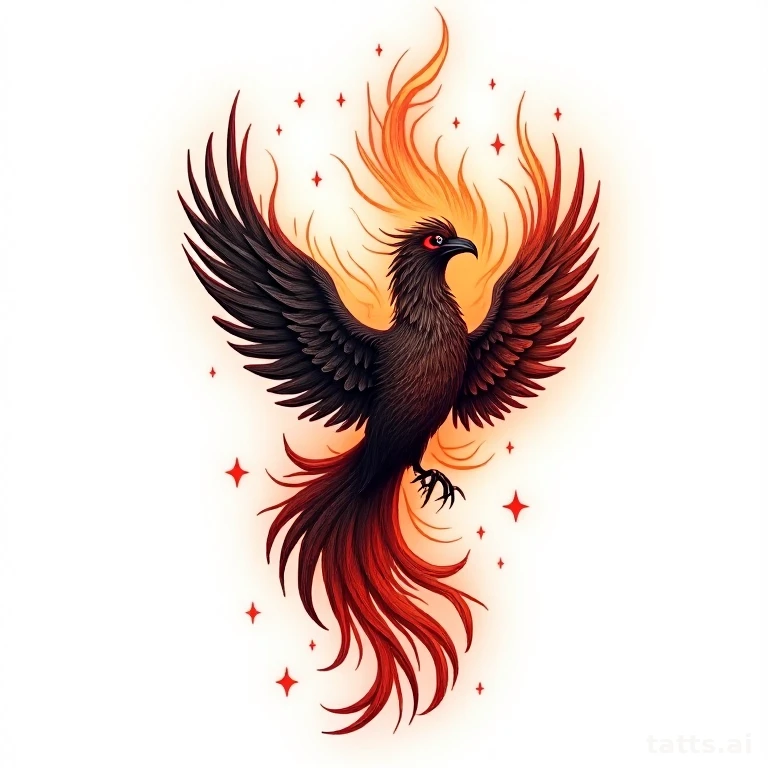 Tattoo design: phoenix and flames full back tattoo design, large scale composition, layered fea