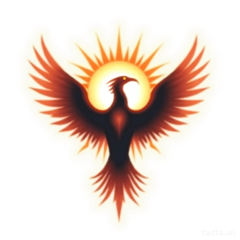 Tattoo design: phoenix and sun back tattoo design, radiating light rays behind wings, symmetric