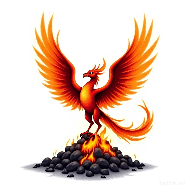 Tattoo design: Phoenix rising from a pile of ash with spread flaming wings, neo-traditional bol