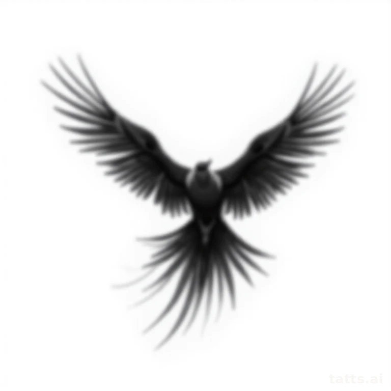 Tattoo design: Black and grey phoenix in mid-flight with detailed feather shading, realism styl