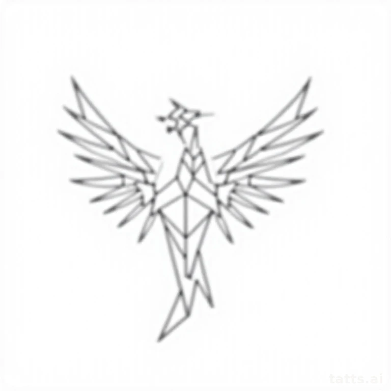 Tattoo design: Minimalist geometric phoenix built from angular flame-shaped facets, clean black