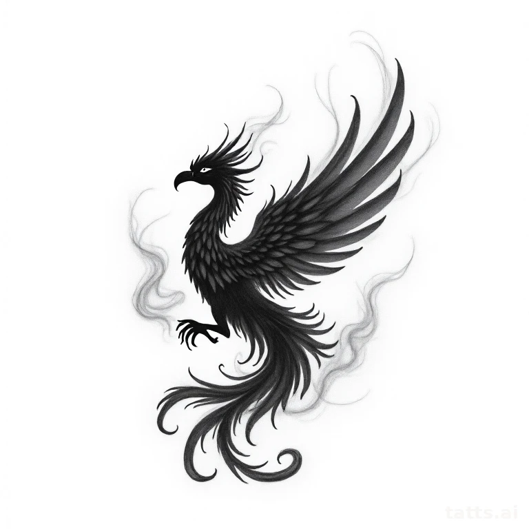 Tattoo design: Phoenix wreathed in swirling smoke and embers, illustrative blackwork style, cle