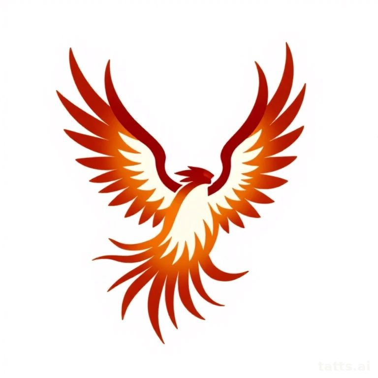 Tattoo design: Traditional American phoenix with bold outline and flat red-orange color, clean